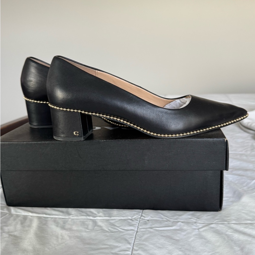 Coach Black Leather Heels with Gold Accents